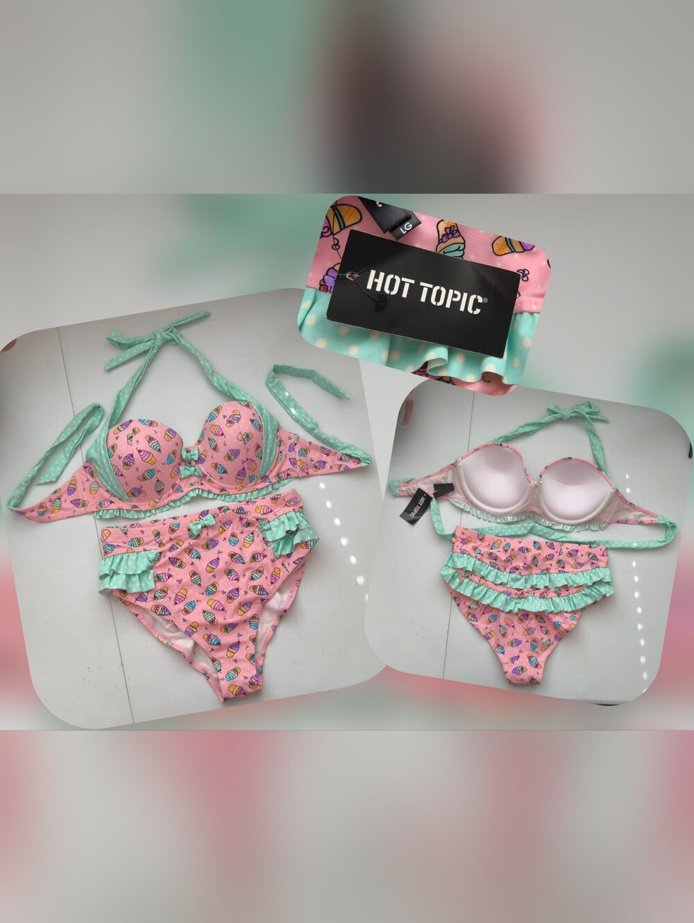 Hot Topic Pink & Mint Ice Cream Print Ruffle Bikini Size LG (Nwts)